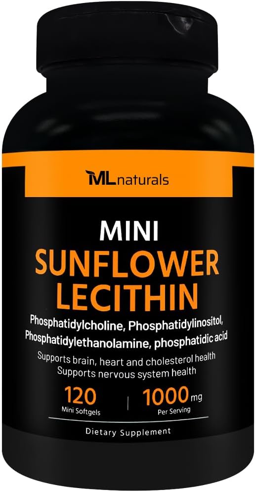 ML Naturals Mini Lecitina di girasole 1000 mg 120 Softgels, Facile da ingoiare, Supporta la salute del cervello. Non OGM, NSF-Certified & cGMP-Compliant