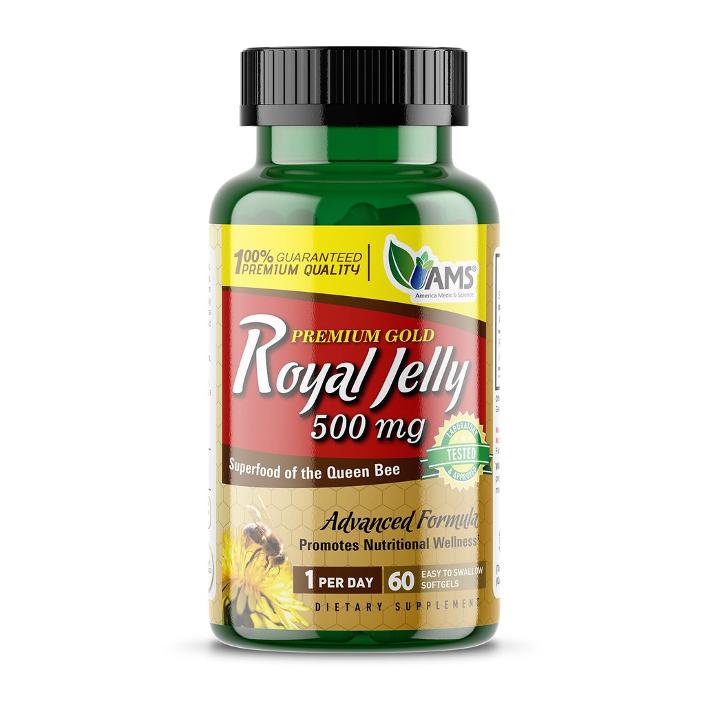 America Medic & Science Royal Jelly 500mg (60 softgels) | Superfood of The Queen Bee | Integratore alimentare per le donne | Promuove immunità e fertilità | Supporta pelle, fegato, cuore e salute del cervello