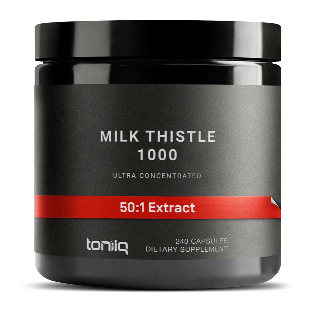 Toniiq Milk Thistle - Ultra High Potency 50:1 Extract with 80% Silymarin - Altamente concentrato - Laboratorio di terze parti testato - 240 capsule