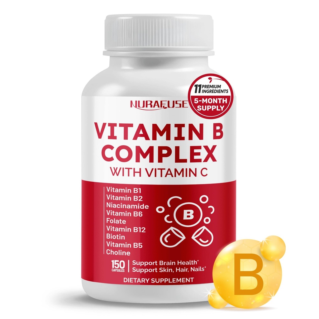Vitamina B Complex B1, B2, 6,9,12 Niacina, con Vitamina C - Supporta la salute del cervello, livelli di energia, pelle, capelli e chiodi - Fatto e testato negli Stati Uniti