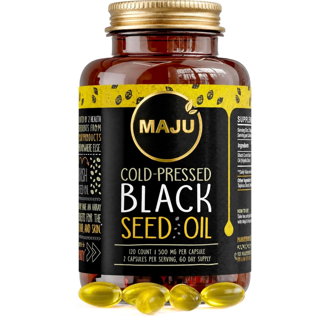Maju Superfoods Black Seed Oil Capsule, Forte Freddo Pressato, 2% Thymoquinone, 100% Turco Nero Cumin Nigella Sativa Seed Oil, Organic BSO, Liquid Blackseed, 120 Count, 500mg per Capsule