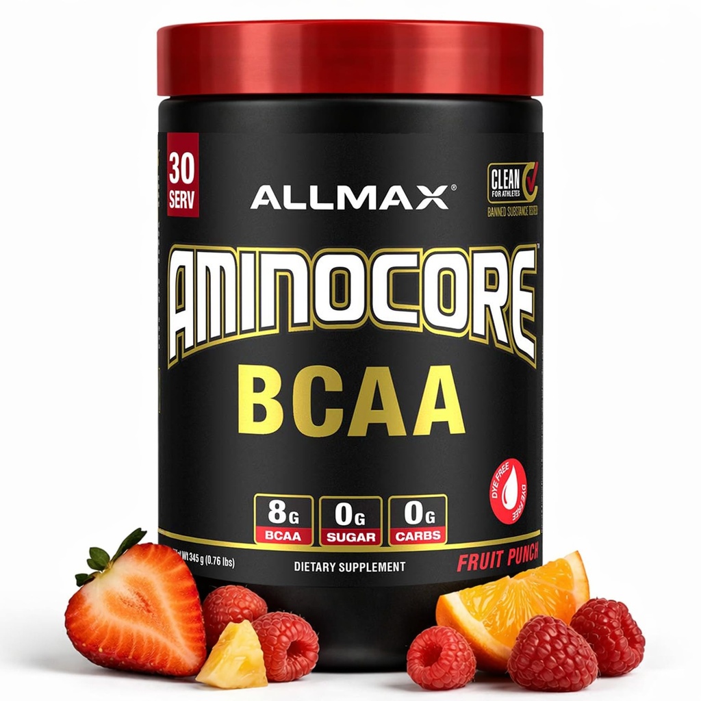 ALLMAX Nutrition AMINOCORE BCAA Powder, 8.18 Grammi di aminoacidi, Intra e Post Workout Recovery Drink, Gluten Free, Fruit Punch, 315 g