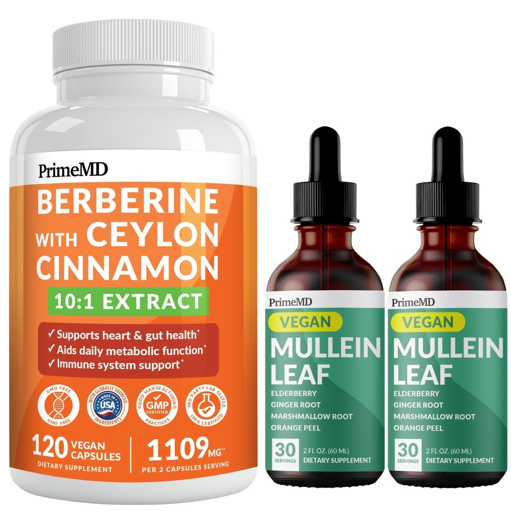 21-in-1 Berberina Supplemento con Ceylon Cinnamon Cromo, Bitter Melon e Estratto di tè verde (120 ct) & 5-in-1 Gocce di Mullein per polmoni e Respiratory Lung Health & Bronchial Support (60 Servings)