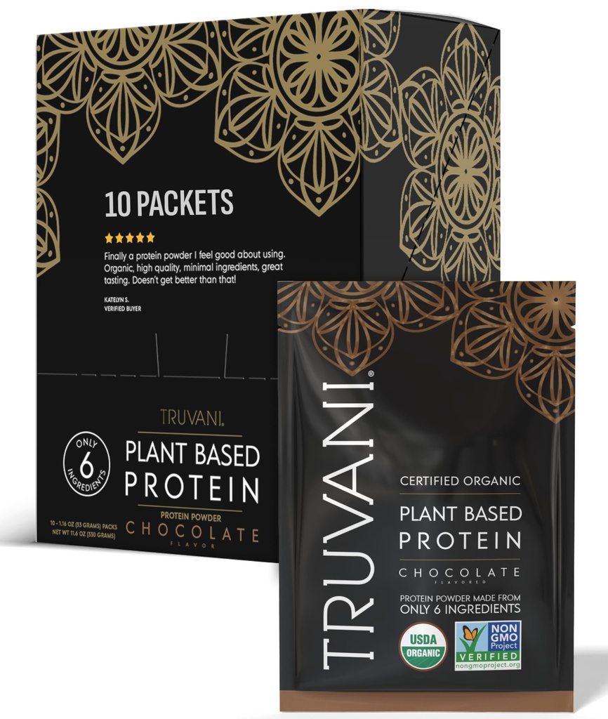 Truvani Vegan Pea Protein Powder | Chocolate | 20g Organic Plant Based Protein | Single Serving Travel Packets | 10 Servings | Keto | Gluten & Dairy Free | Low Carb | No Aggiunto Sugar