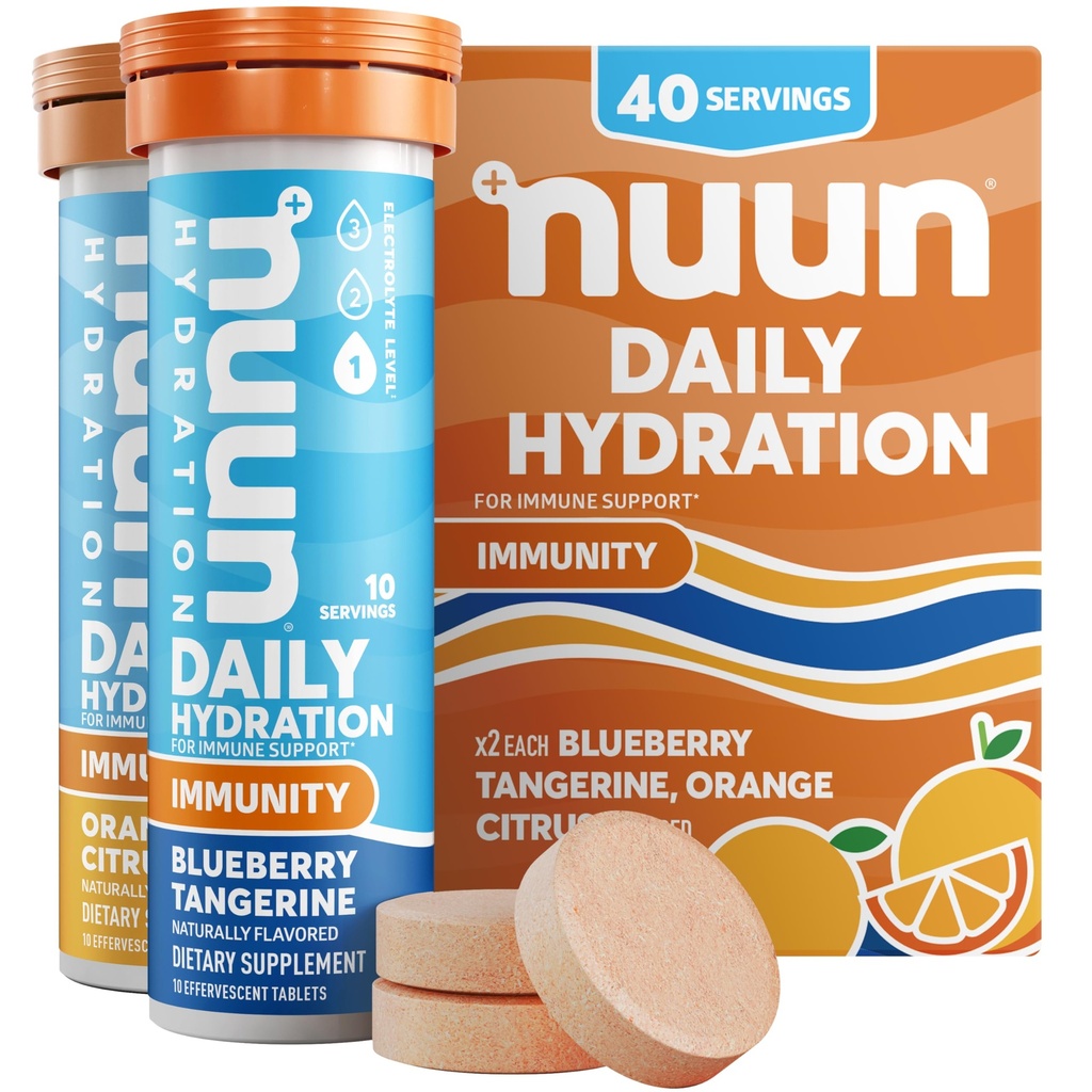Immunità Nuun Electrolyte Tablets con vitamina D, C, E, & A, Ginger, Elderberry, Magnesio & 4 Altri elettroliti essenziali, Vegan, Blueberry Tangerine & Orange Citrus, 4 Pack (40 Servings Total)