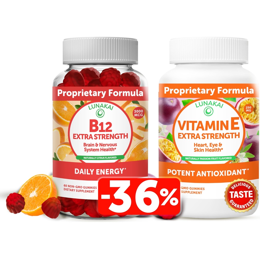 Vitamina Lunakai B12 e Vitamina E Gummies Bundle - 3000 mcg Gummies per il supporto energetico degli adulti e la salute di ossa - 250 mg 1000 iu Natural VIT E Plus C Supplementi