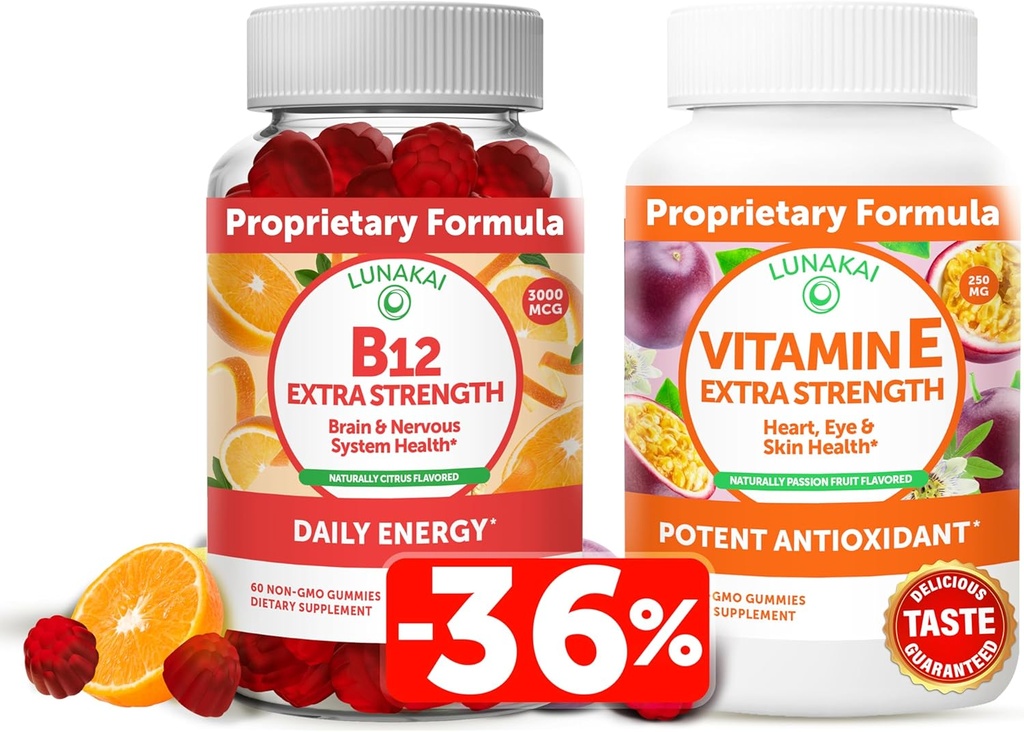 Vitamina Lunakai B12 e Vitamina E Gummies Bundle - 3000 mcg Gummies per il supporto energetico degli adulti e la salute di ossa - 250 mg 1000 iu Natural VIT E Plus C Supplementi