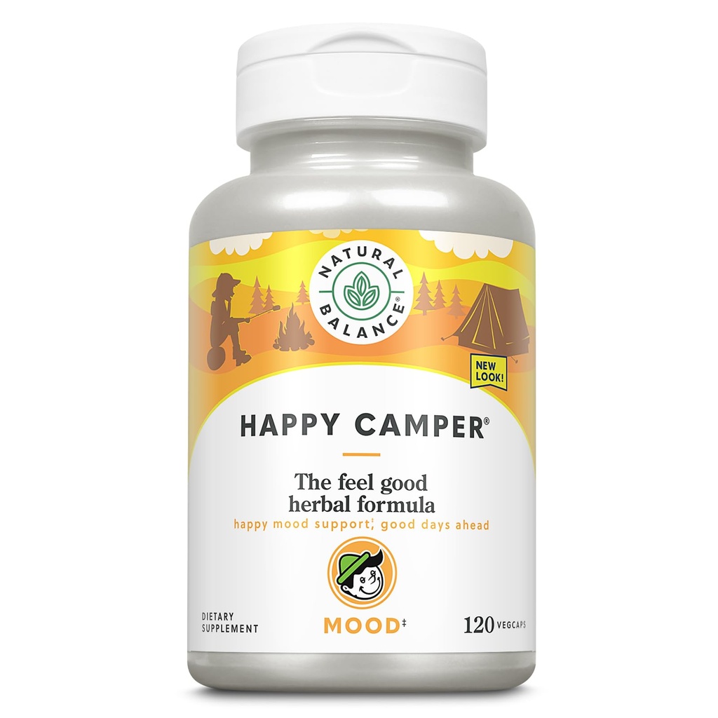 Natural Balance Happy Camper - Feel-Good Mood Support Supplement - Gotu Kola, Passion Flower e Kava Kava Capsules - 60-Day Guarantee (120 Count)