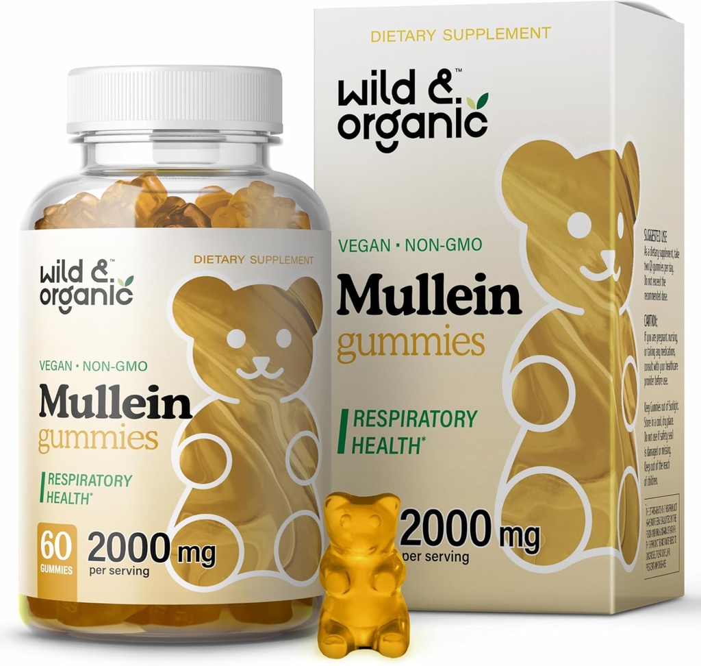 Gummie di Mullein selvatiche e organiche per polmoni 2000mg - Detox polmonare e pulizia - Vegan Mullein Leaf Gummies per il supporto immunitario - 60 non OGM Estratti di erbe Chews