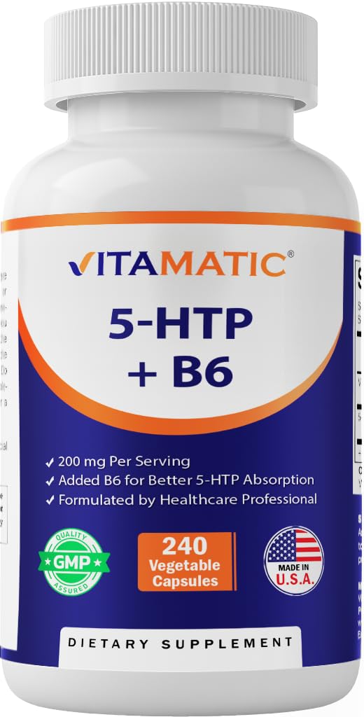 Vitamatic 5-HTP 200mg con B6 5mg Per Serving - 240 Capsule Vegetariani (5-Hydroxytryptophan) - (Griffonia Simplicifolia Seed Extract)