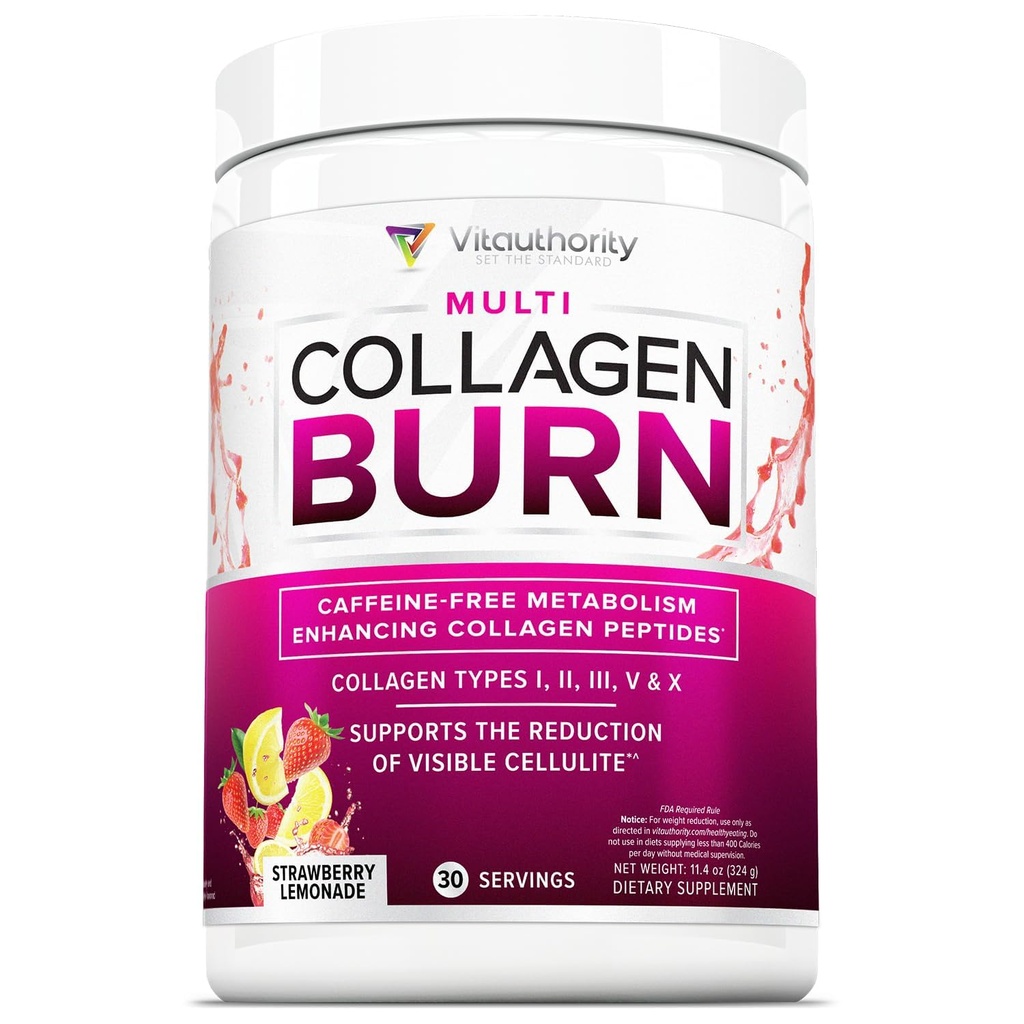 Multi Collagen Burn: Peptidi proteici idrolizzati con acido ialuronico, vitamina C, SOD B Dimpless, Tipi I, II, III, V e X, Limonata senza fragole senza caffeina 30 Serve