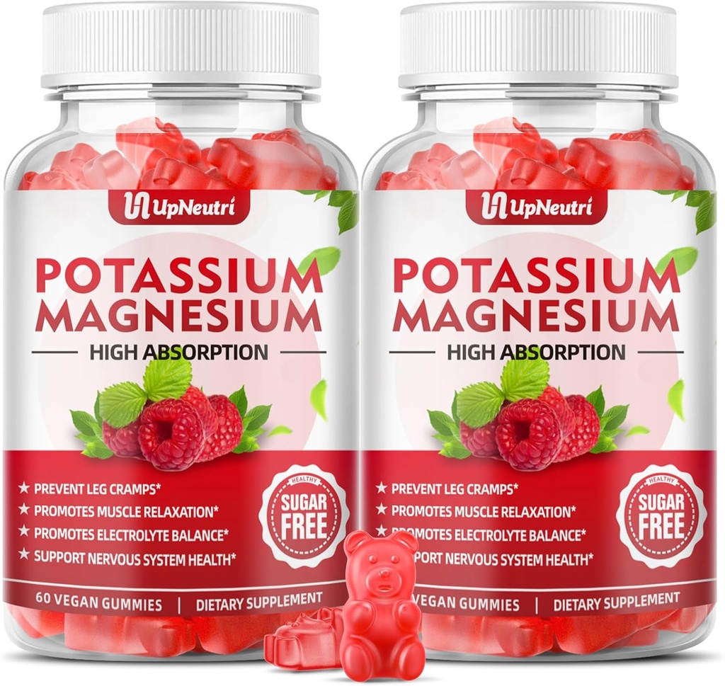 Gummie di Magnesio di potassio per i bambini adulti, Gummie di potassio senza zucchero Supporta Crampe di gambe e salute immunitaria, Gummie di Magnesio ad alto assorbimento di magnesio lampone Flavor 120 Cts
