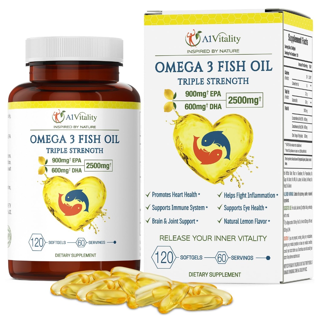 Omega 3 Tripla resistenza EPA DHA Supplemento - 2500mg Limone aromatizzato Burpless Fish Oil - Alta potenza 900mg EPA 600mg DHA Supporta Circolazione, Cervello, Cuore, Occhio, Pelle, Bone & Giunti - 120 Softgels
