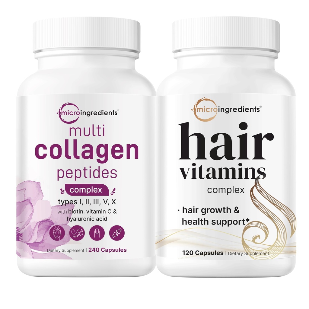 Micro Ingredienti Multi Collagen Complex per le donne e le vitamine dei capelli Capsule Complesso Bundle 2 Pack | Peptidi di collagene a base di erba | 14-in-1 Advanced Hair Growth Support