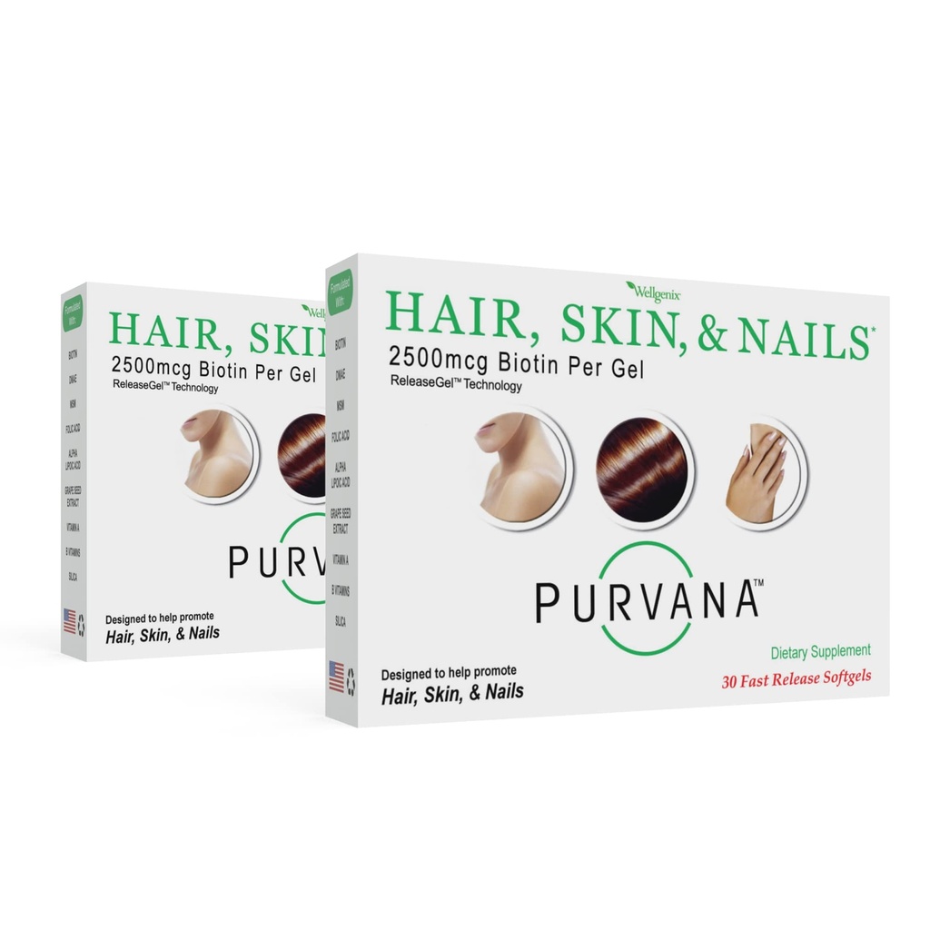 Wellgenix Purvana Hair, Skin, and Nails Vitamin - Softgels for High Absorption - Biotina a doppia resistenza 2500mcg, VIT A & B (30 conteggio) (Pacchetto di 2)
