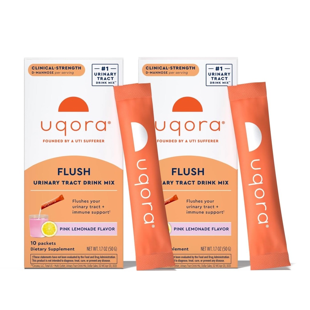 Uqora Flush - Urinary Tract* con D-Mannose, Vitamina C, Vitamina B6, Potassium, Magnesio & Calcium - Gluten-Free & Vegan - Limonata Rosa Flavor - 20 Pacchetti (2 Confezione)