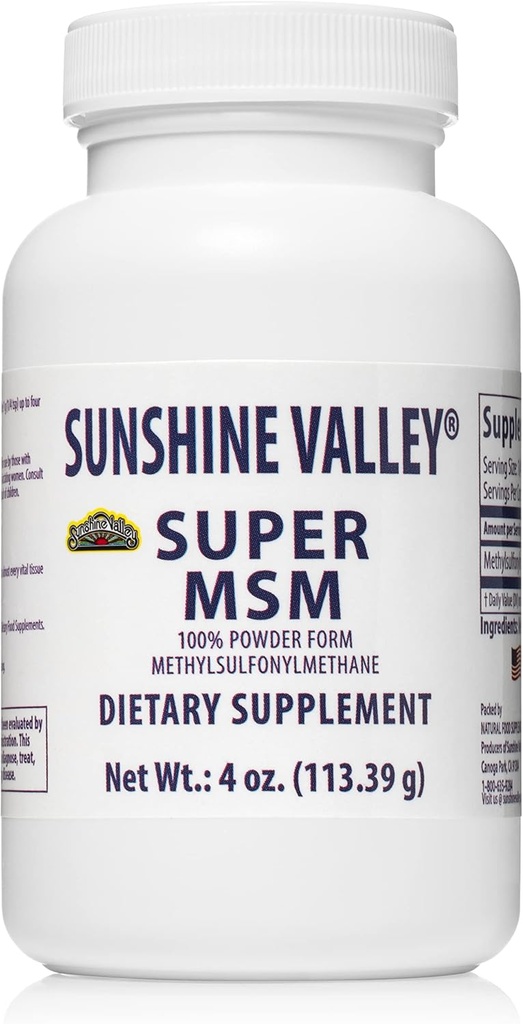 Sunshine Valley® Super MSM Supplemento - Methylsulfonylmethane MSM Crystals Polvere per il supporto misto, unghie, capelli e salute della pelle - 100% polvere pura, non aromatizzata, supplemento dietetico - 4 oz