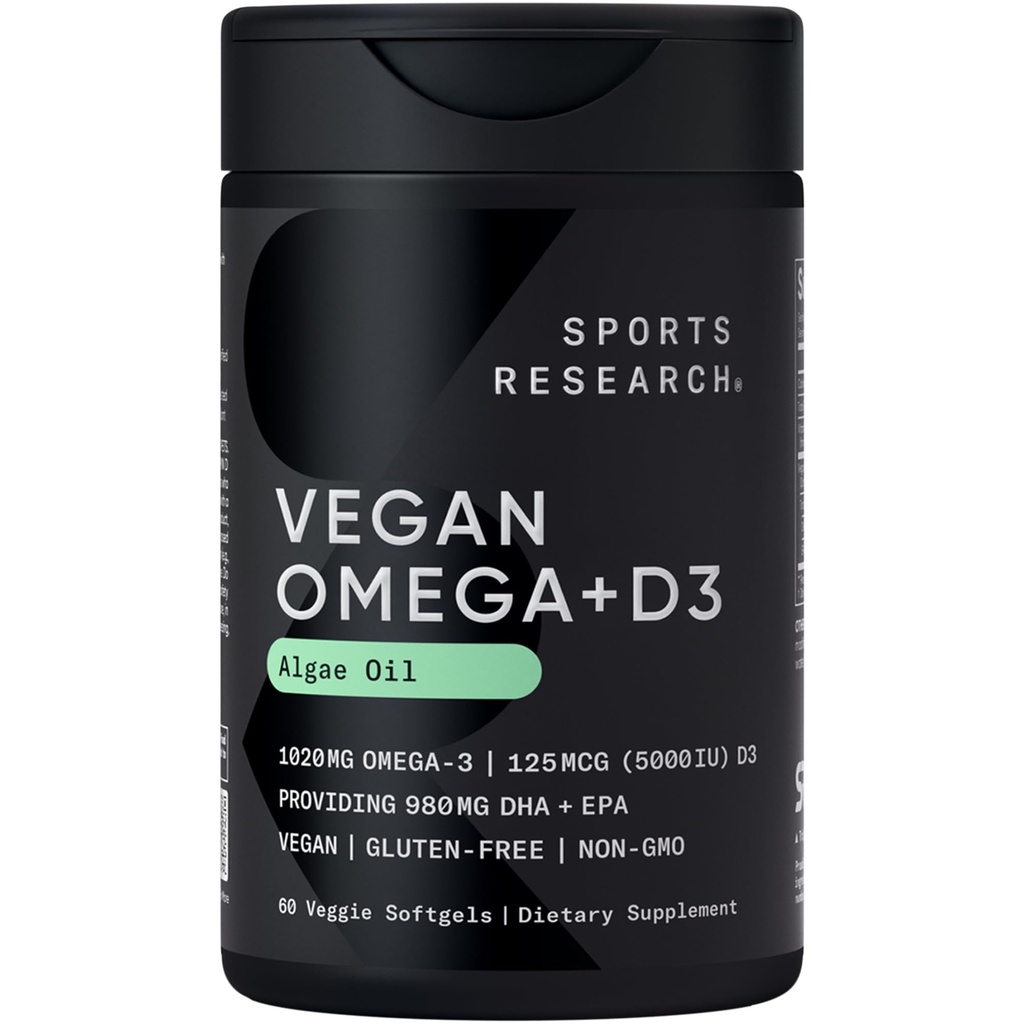 Ricerca sportiva Vegan Omega-3 con Vitamina D3 Softgels - 1020mg Omega-3 & 5000iu D3 Supplemento - Olio di pesce alternativa con Vitamina D Plant-Based Support from Algae Oil - 60 Veggie Softgels per adulti