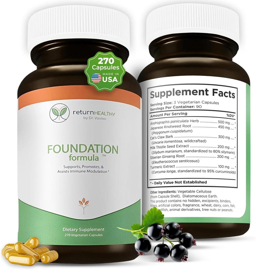 Formula di fondazione | Tick Immune Support Supplemento | con radice di nodo giapponese, artiglio di gatto, cardo di latte | Supplemento di resveratrolo | Non-OGM, All-Natural & Vegetariano, 270 capsule