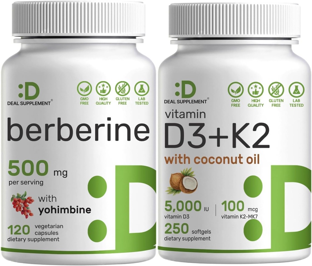 SUPPLEMENTO DEALE Vitamina D3 5000iu + K2 100mcg Softgels & Berberine Supplemento con Yohimbine Bundle – Vitamine essenziali del sole – Forma HCl cloridrato ad alto assorbimento