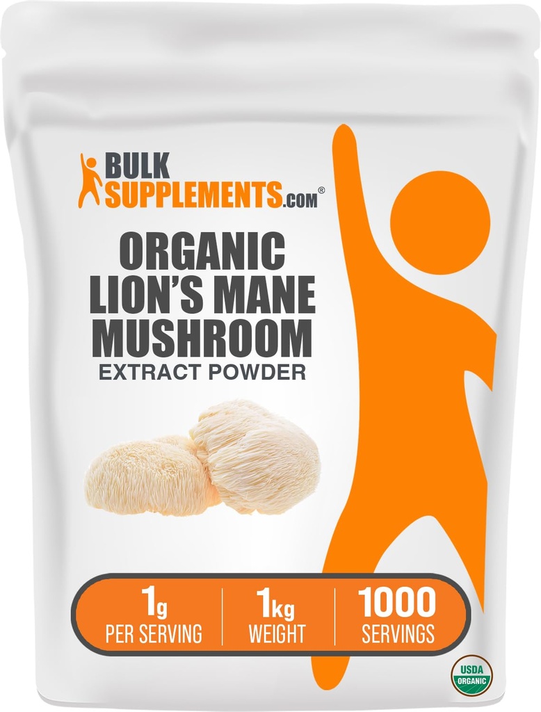 BulkSupplements.com Organic Lion's Mane Mushroom Extract Powder - Lions Mane Supplement Powder, Lions Mane Extract - Mushroom Supplement, 1000mg per Serving, 5kg (11 lbs) (Pack of 5)
