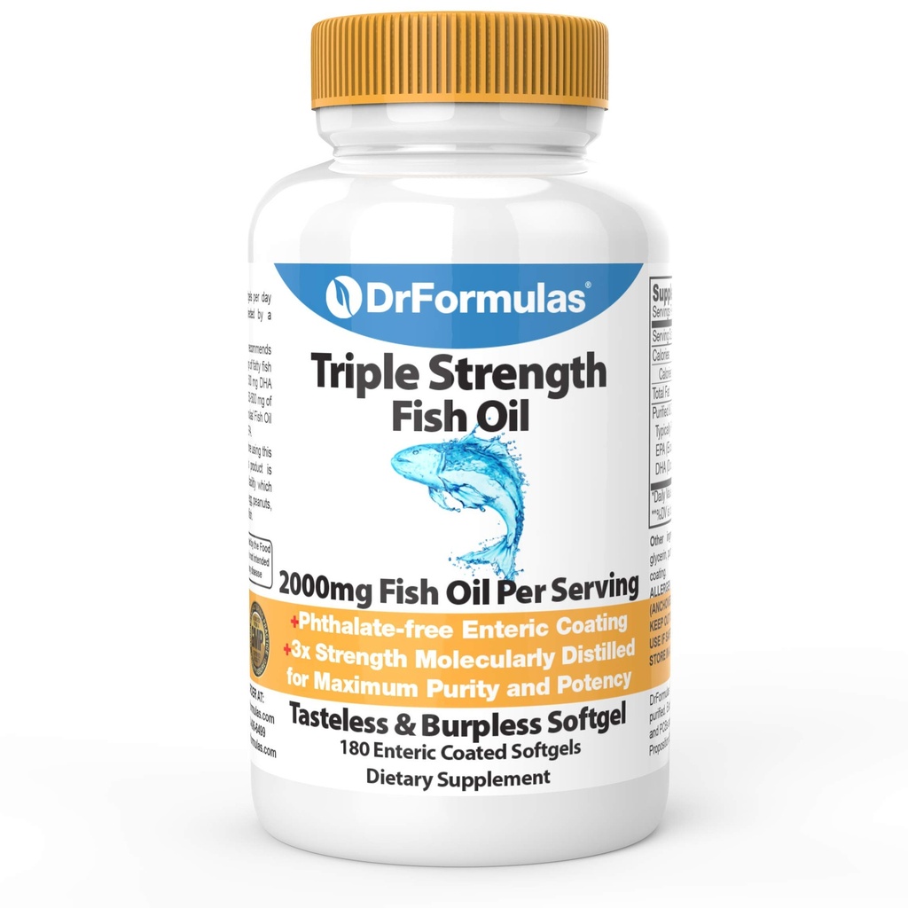 DrFormulas 2000mg Triple Strength Omega 3 Fish Oil con EPA e DHA, 180 Burpless Softgels