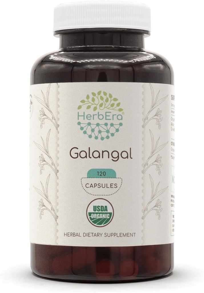 HerbEra Galangal 120 capsule, 500 mg, USDA Organic Galangal (Alpinia Galangal) radice secca (120 capsule)