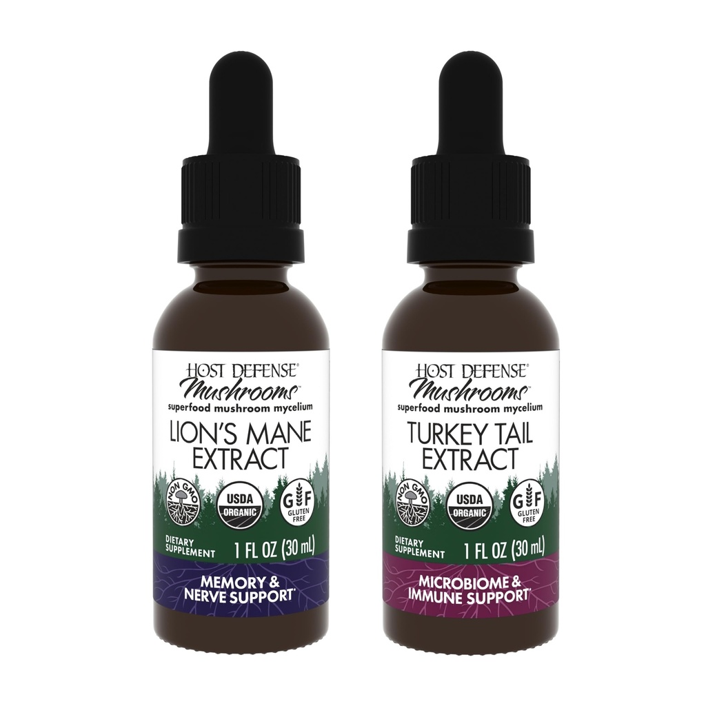 Bundle di difesa ospitante con estratto di mane del leone, 1 fl oz & Turkey Tail Extract, 1 fl oz - Support Brain Health, Memory & Focus - Support Digestive Health & Immune Response*