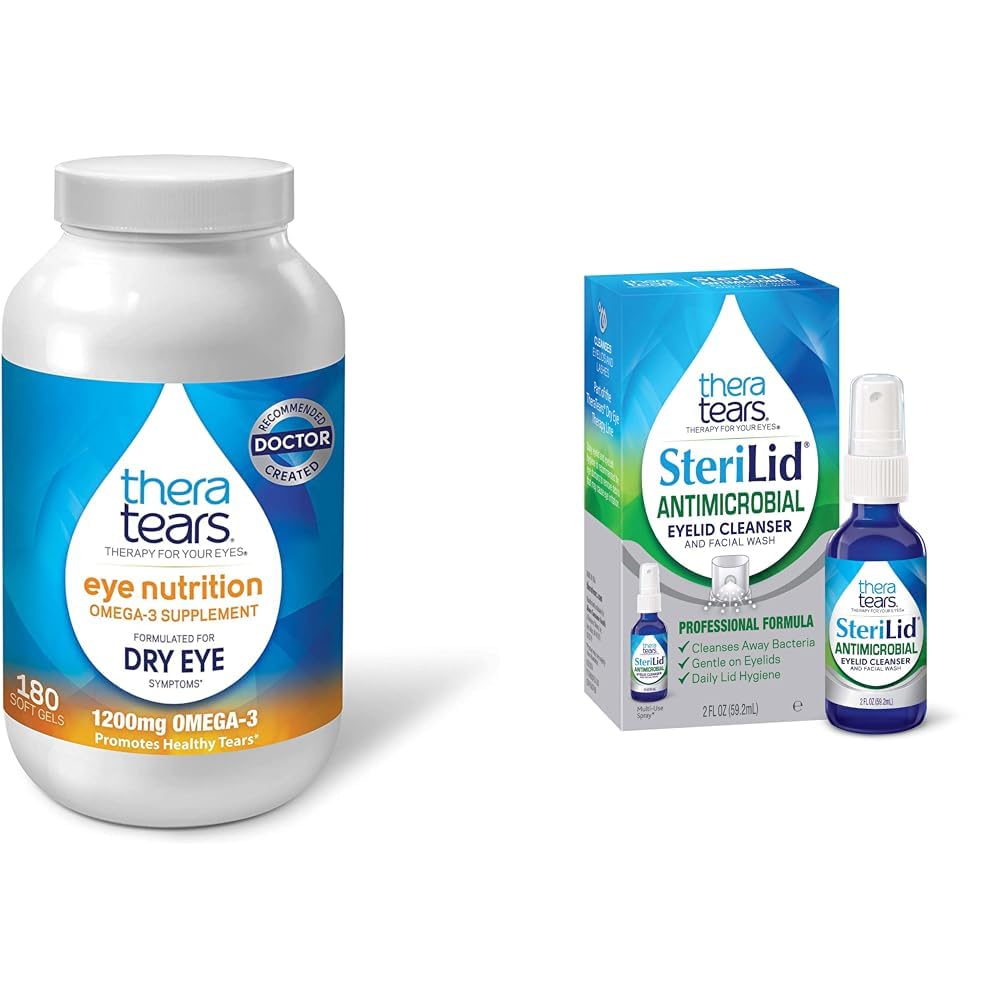 TheraTears 1200mg Omega 3 Supplemento per la nutrizione degli occhi, Trigliceride organico trigliceride olio di pesce e vitamina E, 180 Conta & SteriLid Eyelid Cleanser e Face Wash, per occhi irritati, 2 fl oz Spray