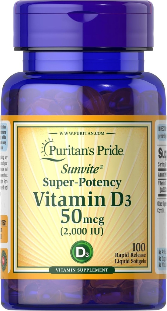Puritan Pride Sunvite Super Alta Potenza Vitamina D3 2000IU 100 Softgels