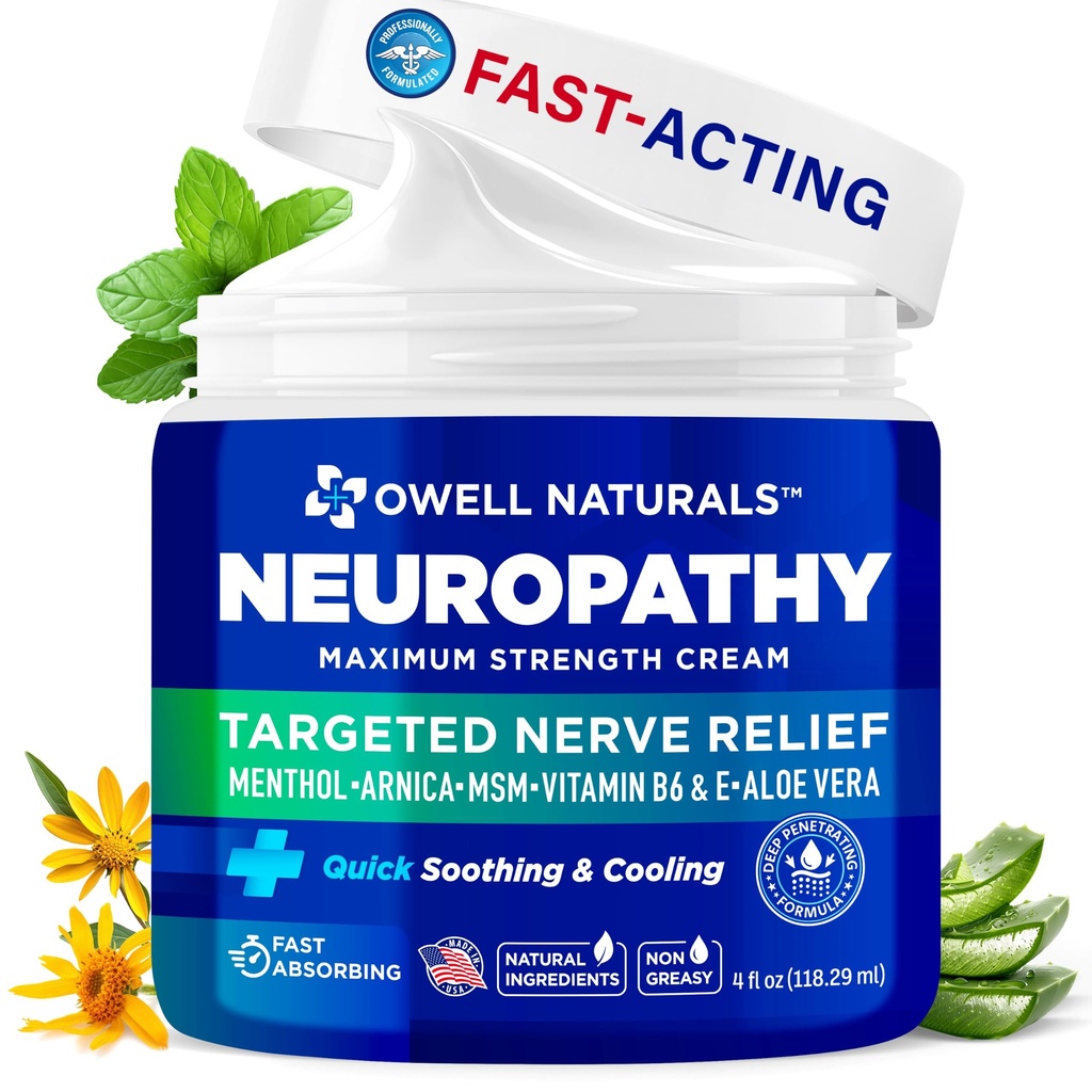 OWELL NATURALS Neuropathy Cream Extra Strength Nerve Relief Crema per Piedi, Mani, Gambe, Toe con Arnica, Vitamina B6, Aloe Vera, MSM - Made in USA
