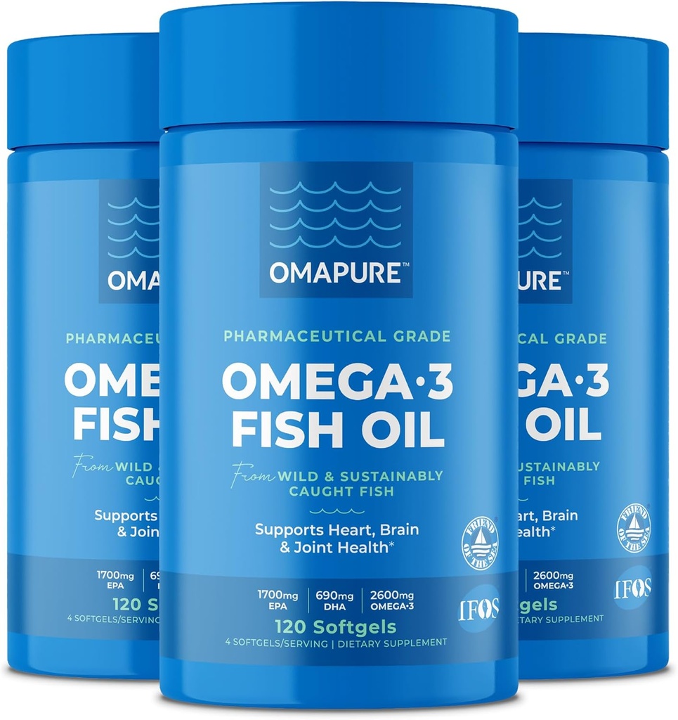 OMAPURE Fish Oil Integratori con Omega 3 acidi grassi (3 bottiglie, 120 softgels) - EPA alta, DHA, & IFOS Fish Oil Pills Support Heart & Joint Health - Burpless Fish Oil promuove la funzione del cervello