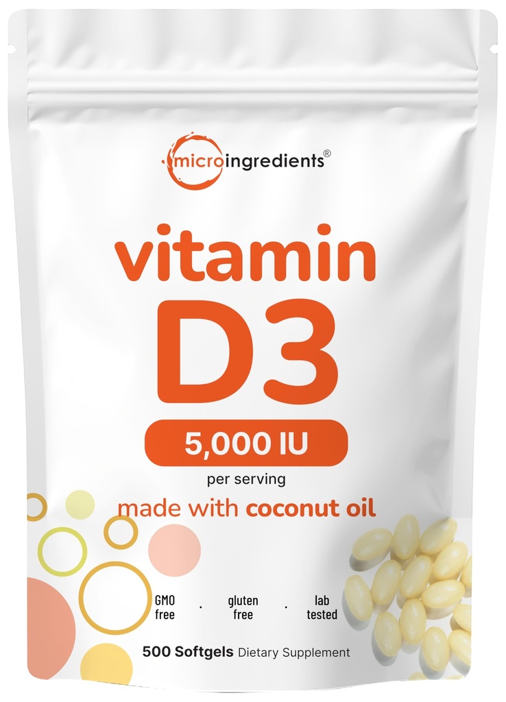 Micro Ingredienti Vitamina D3 5000 IU, 500 Softgels | Virgin Coconut Oil | Cholecalciferol Form | Bone, Immune & Heart Support | Facile da ingoiare, Non OGM