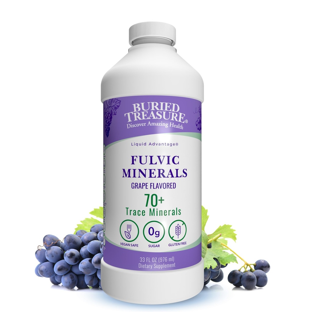 Buried Treasure Fulvic Minerals Uva aromaed – Minerali Colloidali dall'acido Humic Fulvic, Elettroliti dai minerali Trace per il recupero e il supporto benessere. Aggiungi all'acqua – 32 Serve