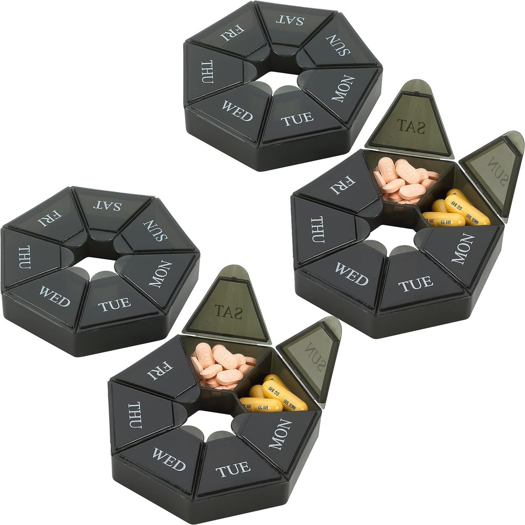 Organizzatore di pillole settimanali - (Pack of 4) 7-Day Pill Container - Arthritis Friendly Portable & Compact Travel Case Daily Compartment Pills Box per integratori, farmaci, vitamine e oli di pesce