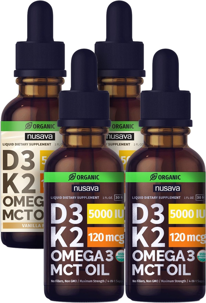 NUSAVA non aromatizzato D3 K2 gocce liquide e Vanilla aromatizzato D3 K2 gocce liquide Bundle - Potenti vitamine liquide per cuore, giunto, ossa, muscolo, & supporto immunitario - Non-OGM, senza glutine, 2pk ogni