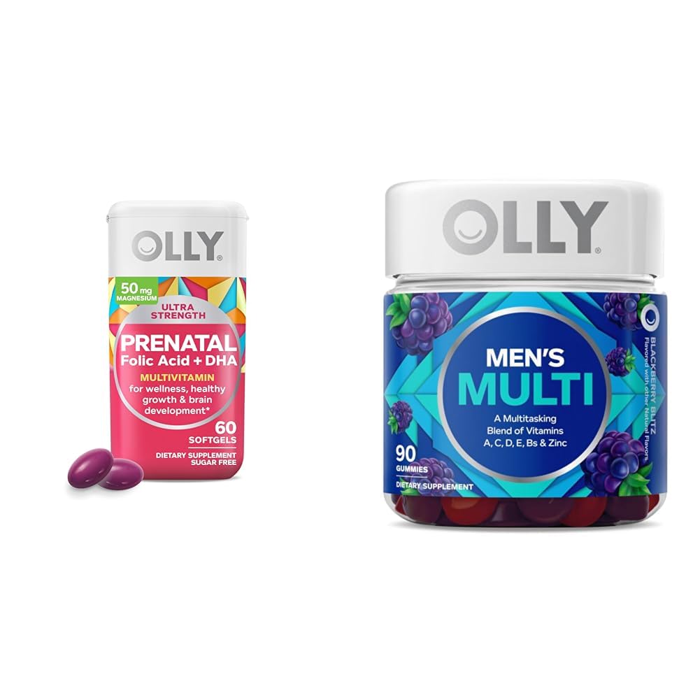 OLLY Prenatal Multivitamin Softgels e Men's Multivitamin Gummy Vitamine Bundle, 60 e 90 Conte