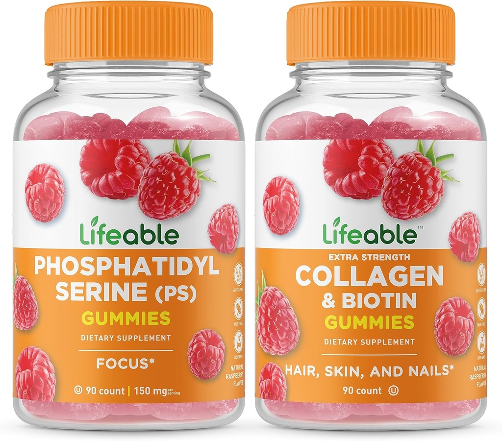 Phosphatidylserine vitale (PS) + Collagen & Biotin, Gummies Bundle - Grande degustazione, Supplemento di vitamina, Senza glutine, OGM libero, pancia masticabile