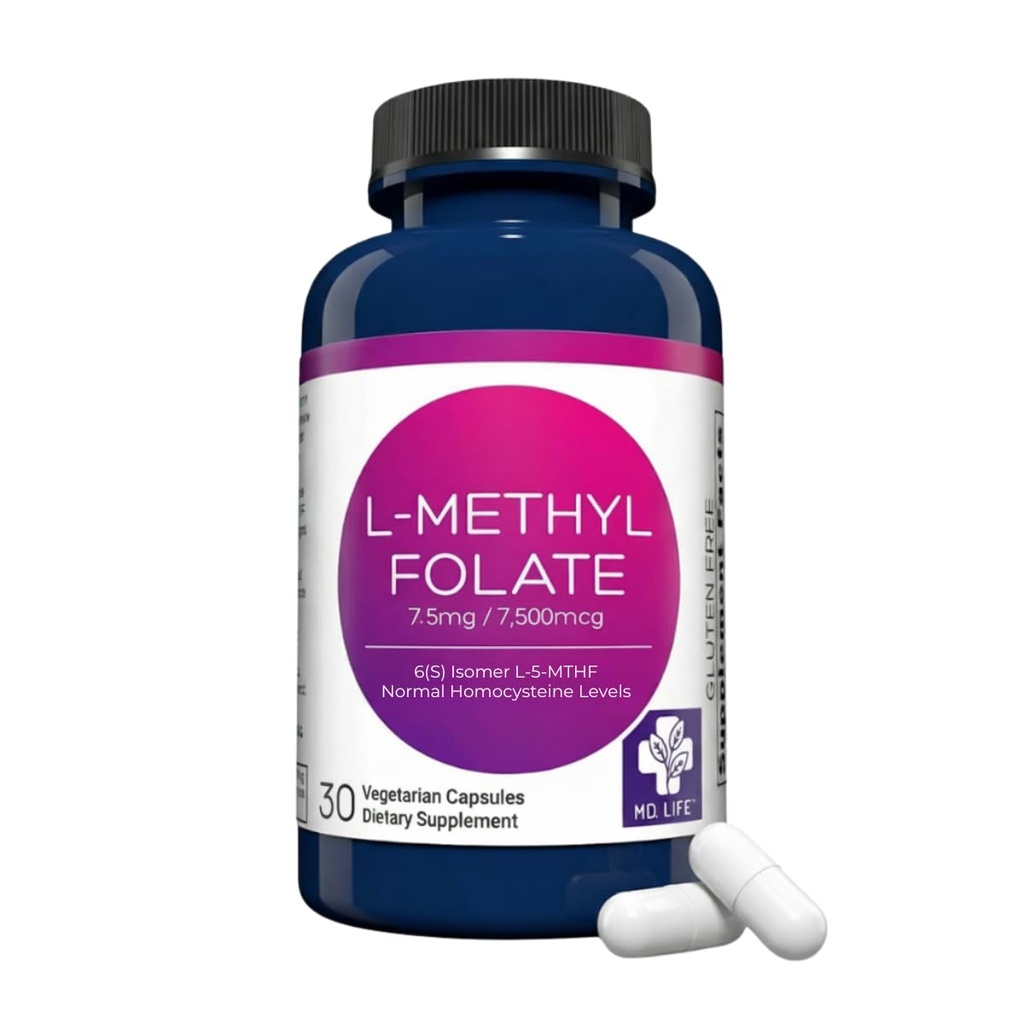MD Life L-metilfolato 7,5 mg Supplemento - Professional-Grade Active L Methylfolate Supplement - 30 capsule - L-metilfolate 7.5mg - Massima potenza MTHFR W / Aminoacidi essenziali