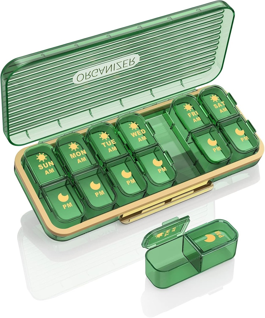 Pill Organizer 2 volte al giorno, 7 giorni Am Pm Pill Box - Acedada Organizzatore settimanale di pillole con contenitore separato, Portable Daily Medicine Planner Dispenser Case per vitamina, Fish Oils, Supplementi, Verde