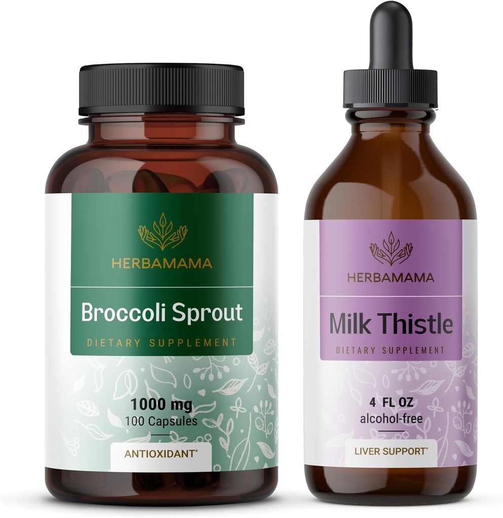 HERBAMAMAMA Broccoli Sprout and Milk Thistle Kit - Bundle di 1000 mg Broccoli Sprout Capsules & Milk Thistle Extract 4 fl oz - Vegan, Non-GMO, Sugar & Alcohol-Free - 2 Pack