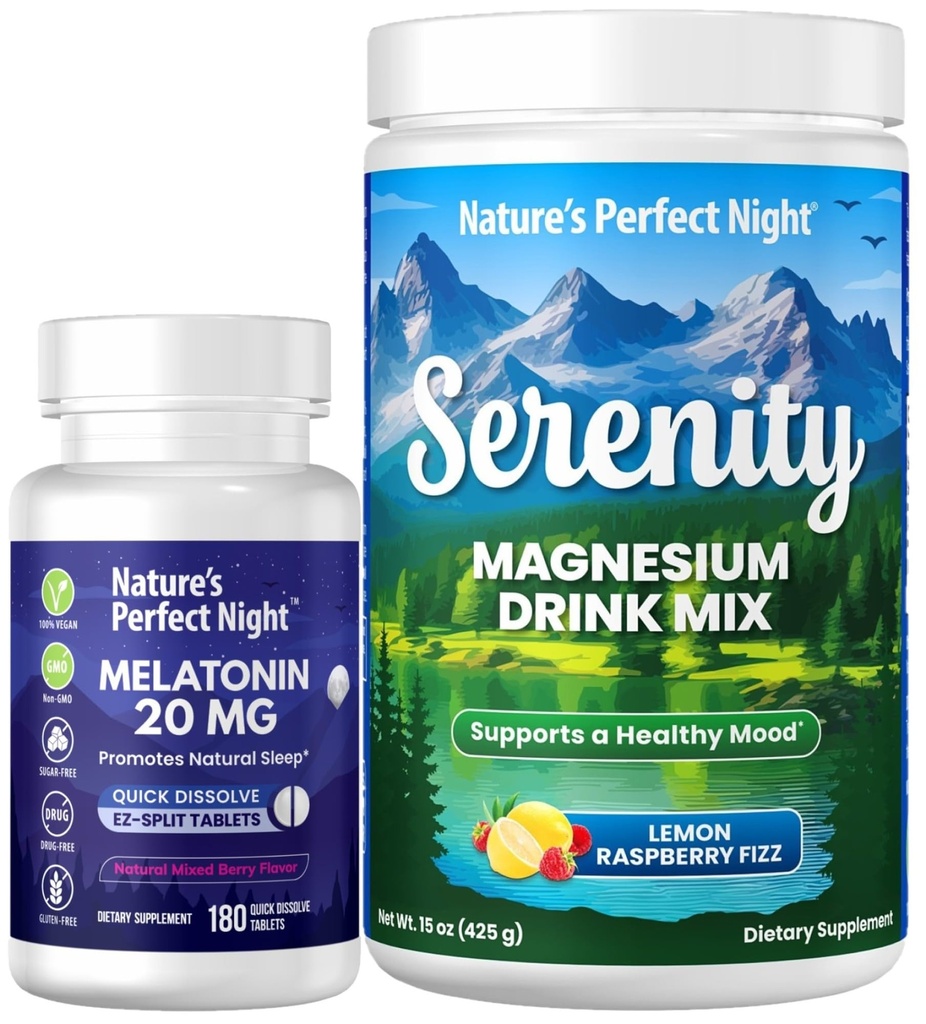 La melatonina notturna perfetta della natura 20mg rapidamente dissolve la bacchetta mista 180 conte con la polvere di magnesio di serenità 15 oz Lemon Raspberry