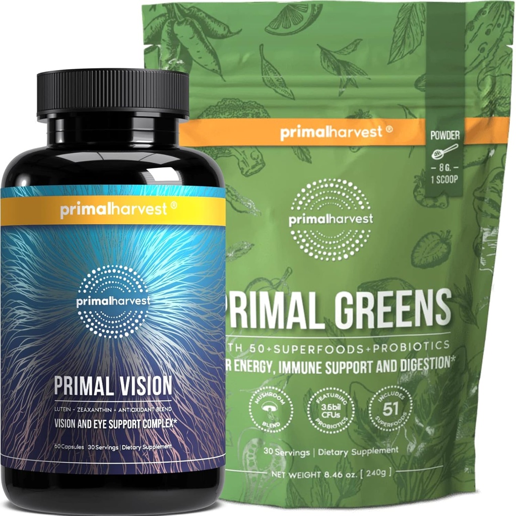 Integratori Primal Harvest Greens Powder & Vision per Women and Men Vision e Eye Support Complex con Lutein, Zeaxanthin Bundle