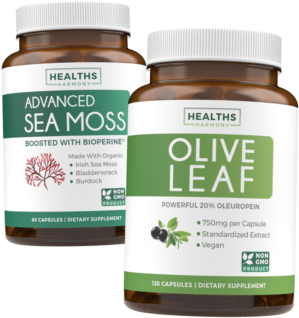 Moss & Olive Leaf Extract (1-Month) Olive Moss Blend - Organic Irish Sea Moss - Raw Vegan Supplement (60 Caps) & Olive Leaf Extract Super Forza: 20% Oleuropein - Vegetariano (120 Caps)