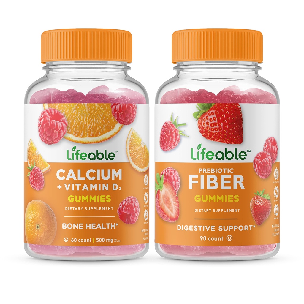 Calcio vitale con vitamina D + fibra prebiotica 5g, Gummies Bundle - Grande degustazione, Integratore di vitamina, Senza glutine, OGM libero, Masticabile