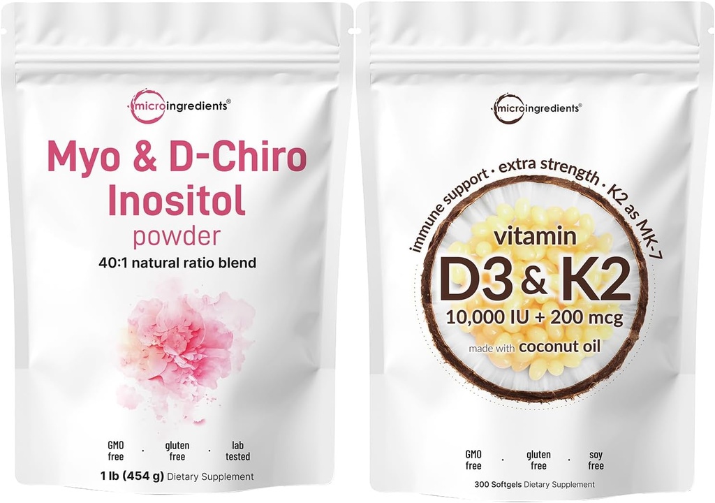 Micro Ingredienti Vitamina D3 10.000iu + K2 200mcg Olio di cocco Softgels & Myo & D-Chiro Inositol Polvere Bundle 2 Pack | Vitamine di sole essenziali | Supplemento di inositolo per le donne