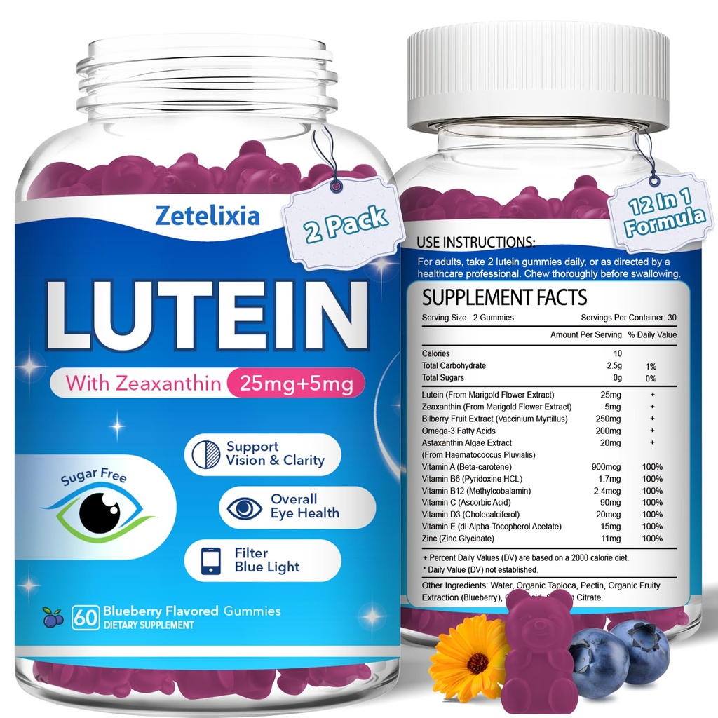 2 pacchetti Lutein Gummies, 12 in 1 Lutein e Zeaxanthin Supplementi Occhi Vitamine Gummies per Adulti, Eye Health Supplement con Vitamina Multipla per la Promozione Occhi & Vision - 120 Gummies