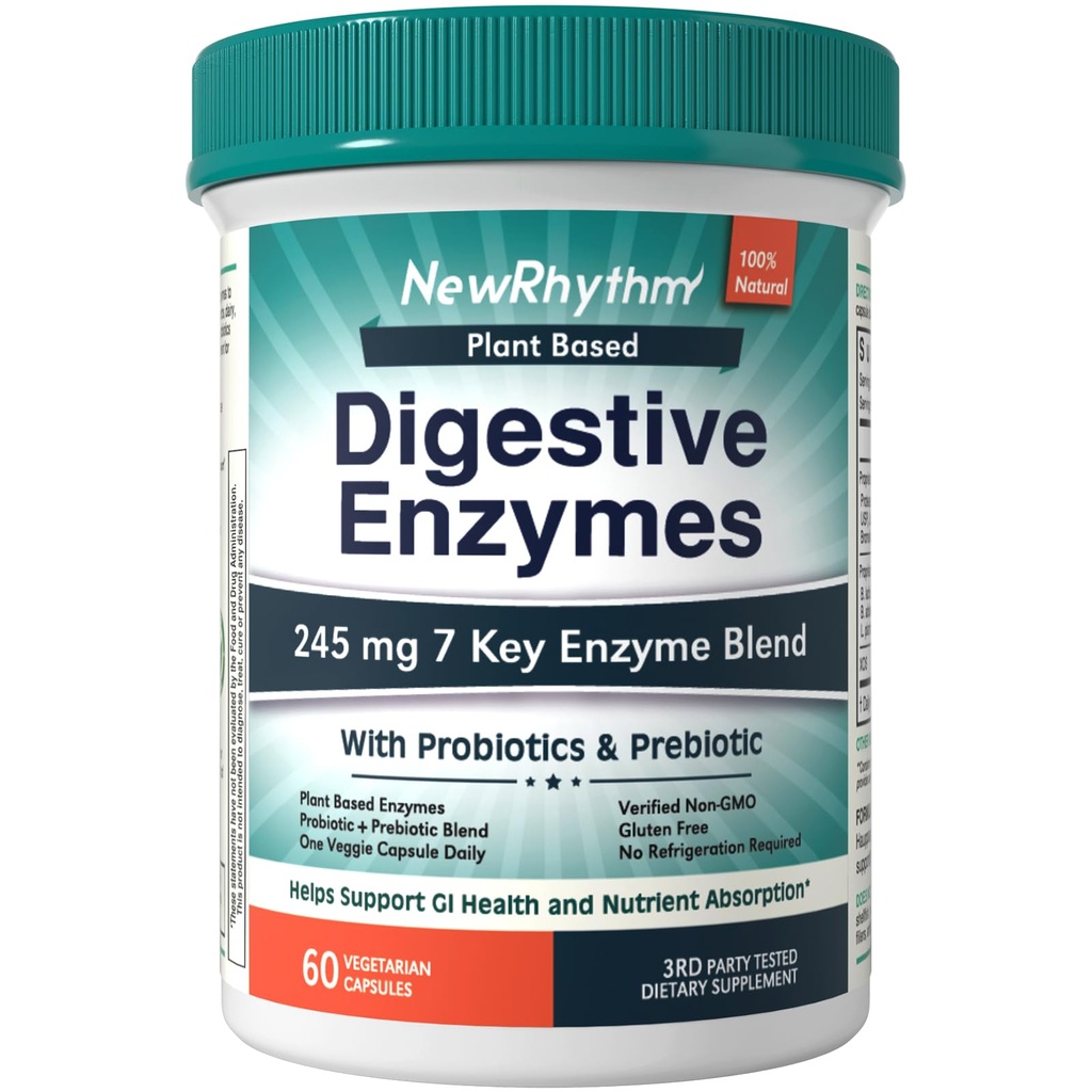 NewRhythm enzimi digestivi 245 mg, con Probiotici e Prebiotici, Basato sulle piante, 7 enzimi chiave, Digestione, Assorbimento Nutriente, Protease Amylase & Lipase, 60 capsule vegane