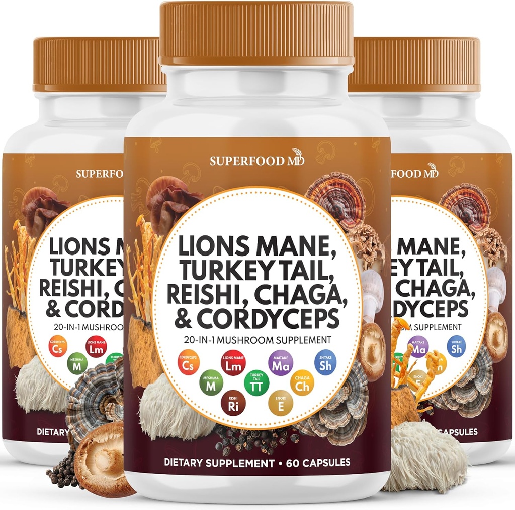 Leoni Mane Mushroom Supplemento con Turchia Tail Reishi Cordyceps Chaga con Marshmallow Root - 180 Conte