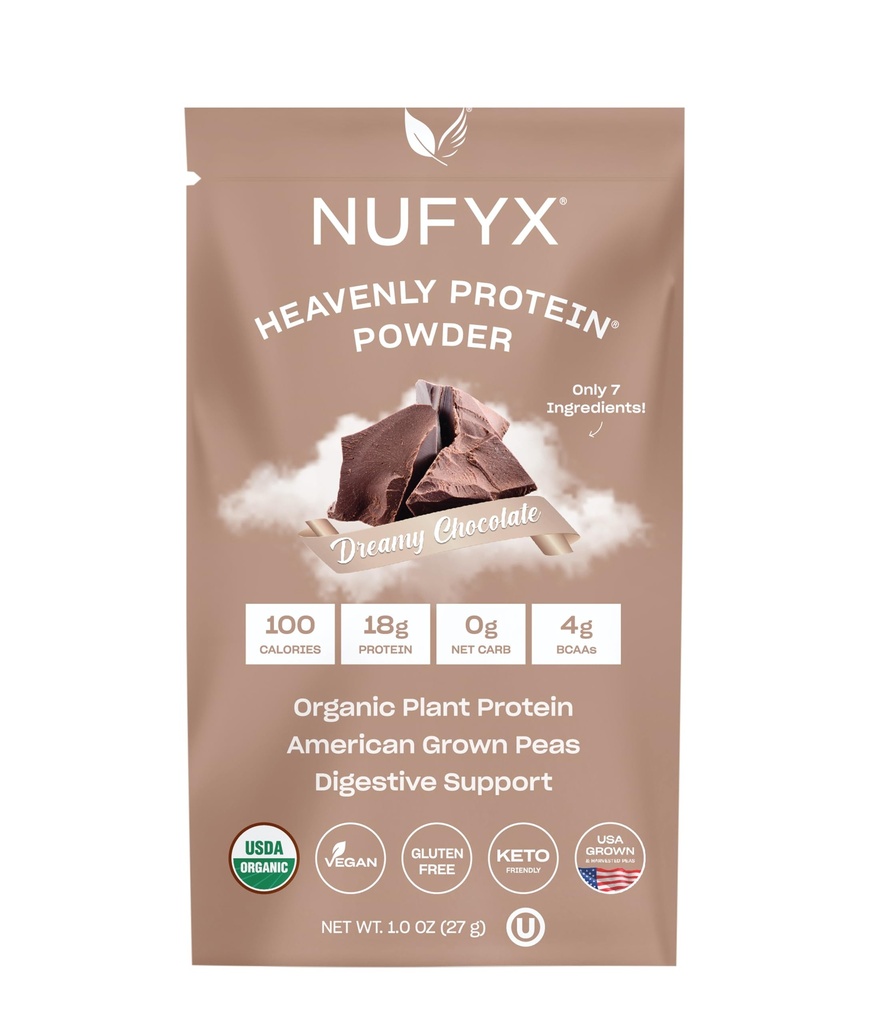 NUFYX® • Polvere Heavenly Protein® • Piselli coltivati al 100% biologici al mondo • Vegan • Gluten Free • Carb basso (Cioccolato Dreamy, Confezione)
